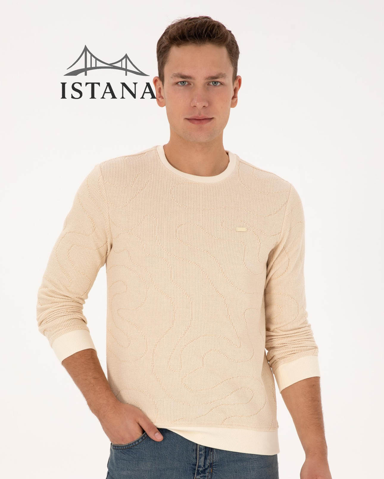 بلوز مردانه برند یو اس پولو بلوز مردانه برند یو اس پولو Us polo Erkek Regular Fit Bisiklet Yaka Desenli Krem Sweatshirt 50308910-VR071 - Image 1